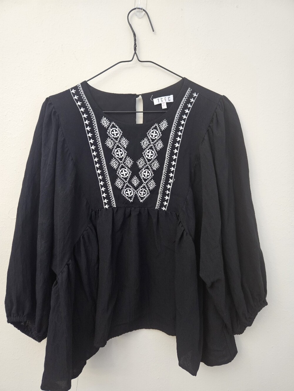TCEC Black Blouse with White Embroidered Panel Size L